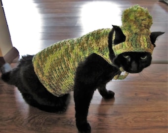 Pet Sweater Hat Dog Cat Coat Green Tan Camouflage Crocheted Clothing Handmade