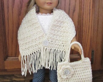 Doll 3 Pc. Outfit Tote Purse Hat Shawl Handmade Crocheted Fits 18" American Girl