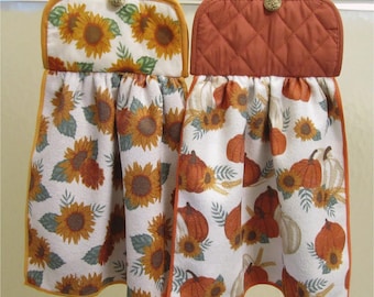 Set of 2 Fall Dish Towels Pumpkins Over the Handle Hot Pad Hanger Country Kitchen Decor