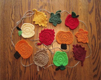 Fall Bunting Pumpkins Apples Leaves Crocheted Garland Farmhouse Wall Decor 84"