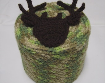 Camo Buck Deer Head Toilet Paper Cover Crocheted Cabin Lodge Bathroom Tissue Cozy