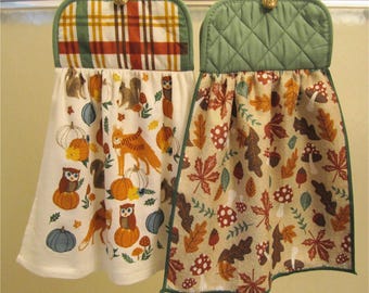 Set of 2 Fall Dish Towels Over the Handle Hot Pad Hanger Country Kitchen Decor