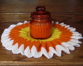 Ruffled Candy Corn Halloween Thanksgiving Candle Mat Doily 16" Handmade Crochet
