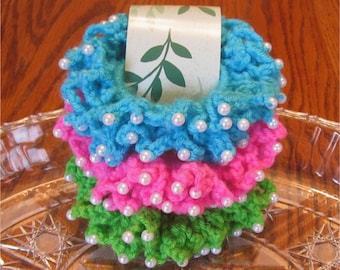 Scrunchie Set Ponytail Holder Bun Hair Tie Beaded Faux Pearls Hairband Elastic Crocheted