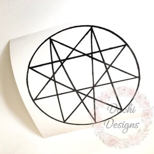 May include: A black nine-pointed star design inside a circle, presented on a white background. The image is a sticker or decal, with a curved edge. The text "Dochi Designs" is visible in the lower right corner.
