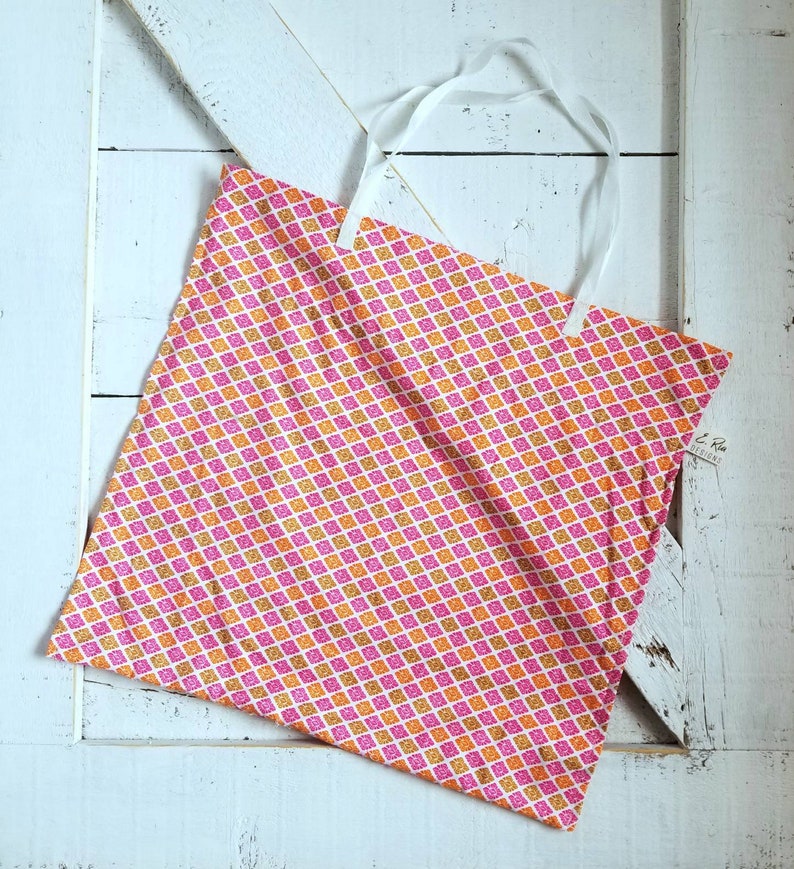 Reusable Fabric Grocery Bag Farmers Market Tote Upcycled Material MyB.Y.O.Bag Earth Friendly Grocery Bag Pink Orange Gold Lightweight