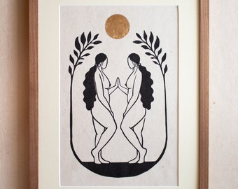 Goddess meeting herself - lino print on paper