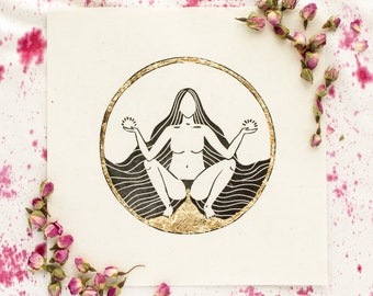 Die blutende Göttin / Linolschnitt Weiblichkeit Mondzeit Fruchtbarkeit erste Menstruation Kunstdruck Geschenk für Frauen