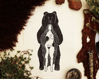 Bear Goddess linocut print