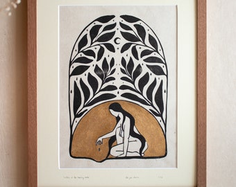 Goddess of healing seeds - lino print on paper