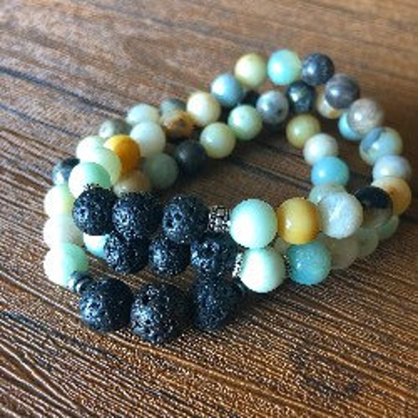 Lava Stone Oil Diffuser Bracelet - Amazonite - Gemstone -  Stackable -  Boho - Hippie - Gypsy