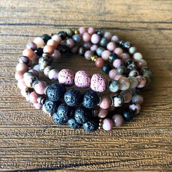 Lava Stone Oil Diffuser Bracelet - Rhodonite Beads -  Stackable -  Boho - Hippie - Gypsy