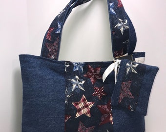 Americana Denim Tote with zippered coin pouch