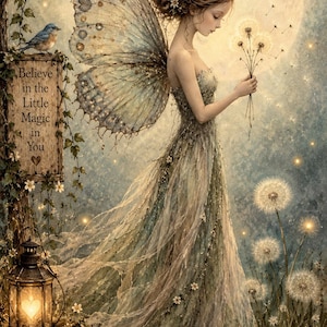 May include: A fairy with large translucent wings wears a flowing gown and holds dandelion seeds. A wooden sign reads Believe in the Little Magic in You. A blue bird sits on the sign, a glowing lantern rests on rocks, and a snail is nearby.
