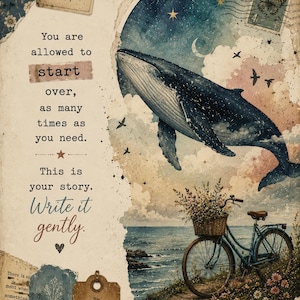 May include: A collage-style art print featuring a whale swimming in a starry sky above a bicycle with a flower basket by the sea. Text reads: You are allowed to start over, as many times as you need. This is your story. Write it gently. Be kind to your beautiful self.