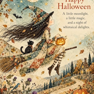 May include: A witch with long dark hair wearing a patchwork hat and dress flies on a broomstick with a black cat. The text reads Happy Halloween A little moonlight, a little magic, and a night of whimsical delights. Pumpkins, bats, and autumn leaves.