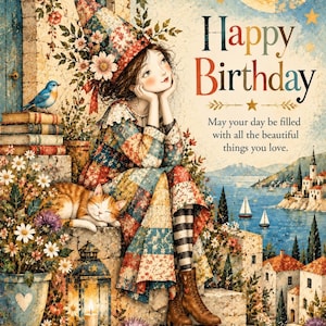 TW#759 Whimsical Birthday Card – Patchwork Girl & Sleeping Cat – Storybook Seaside Birthday Card – Beautiful Things You Love – Approx 5x7