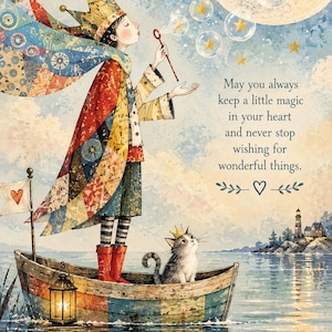 May include: A print featuring a person in a patchwork cloak and crown standing in a boat with a cat, blowing bubbles toward a large moon. The text reads: May you always keep a little magic in your heart and never stop wishing for wonderful things.
