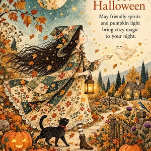 Op de afbeelding: Een decoratieve print met een persoon in een patchwork mantel en jurk die met een zwarte kat door een herfstlandschap loopt met pompoenlantaarns, een gloeiende lantaarn en een klein spookje. De tekst luidt: Happy Halloween. May friendly spirits and pumpkin light bring cozy magic to your night.