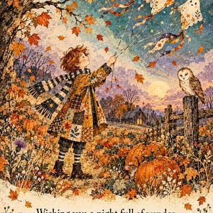 May include: A decorative print featuring a child in a patchwork coat holding strings to three ghost-shaped kites in an autumn pumpkin patch with an owl on a fence, under a starry sky. Text reads: Wishing you a night full of wonder. Happy Halloween!
