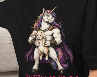 Maglietta divertente per festival death metal con unicorno e coniglio, completamente sgonfiata.
