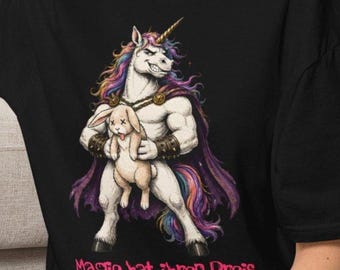 La magia ha il suo prezzo, maglietta divertente per festival death metal con unicorno e coniglio