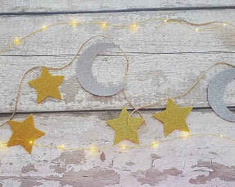 Star and Moon garland - gold star, silver moon garland, glitter gold and silver