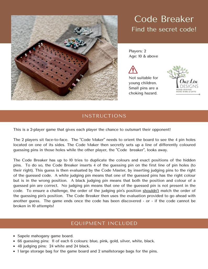 Code Breaking Game - Logic Game - Wooden Game - Exotic Wood Game - Game ...