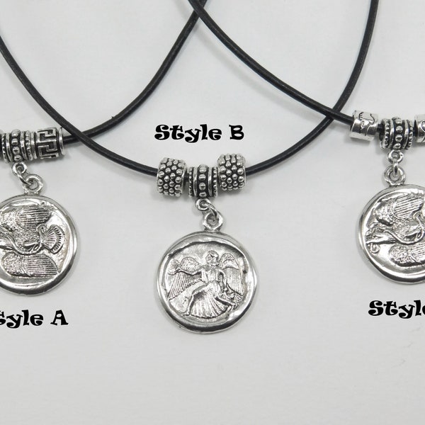 Greek Coin Necklace, Nike Coin Necklace, Ancient Coin Necklace, Eagle Greek Coin Necklece, Winged Nike Pendant,  Mens Leather Jewelry Gift