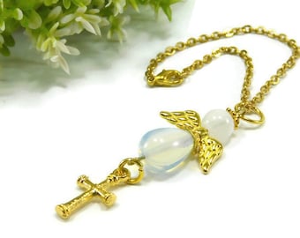 Angel Protection, Rearview Car Mirror, Moonstone Gift, Car Protection, Guardian Angel Charm, Gold Car Gift, Angel Gift, Car Charm Accessory