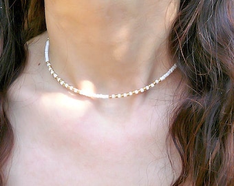 Beaded Choker Necklace, Seedbead Necklace, Delicate Necklace, Dainty Seed Bead Necklace, White Beaded Choker, Minimal Choker, Woman Gift