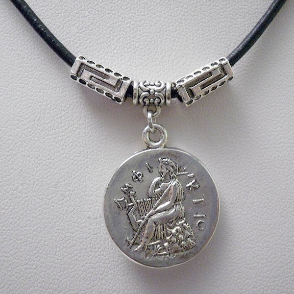 Apollo Coin Necklace, Greek Coin Necklace, Ancient Coin Necklace, Apollo Necklece, Mens Leather Necklace, Mens Jewelry, Double Coin Pendant,