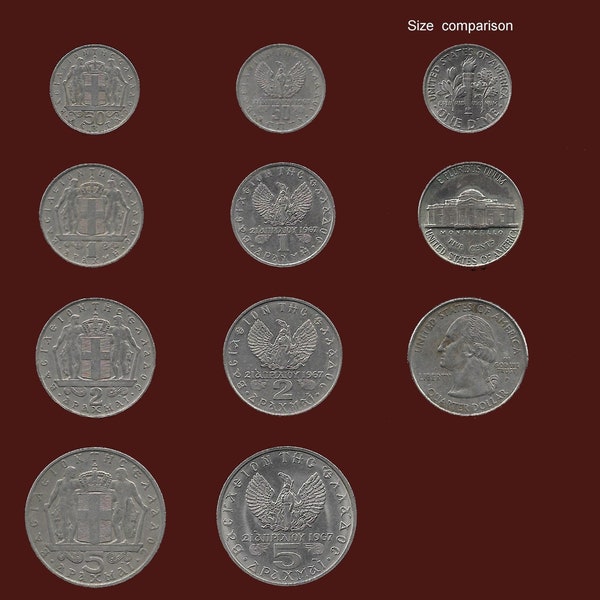 Greece King Constantine reign.Kingdom and Military rule Greek coins.Mythological figures,crown, shield,Phoenix.Random dates. US coins sizes.