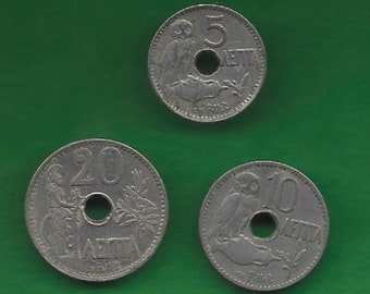 Greece 1912 5,10 & 20 Lepta Greek coins Owl Amphor Goddess Athena Royal crown and shield.Mythology mythological figures.