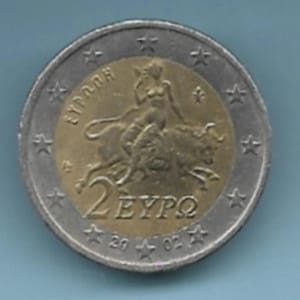 Greece Greek bi-metalic 2002  2 euro coin abduction of Europe by Zeus transformed to a bull. Suitable as jewelry supply.Mythological theme.