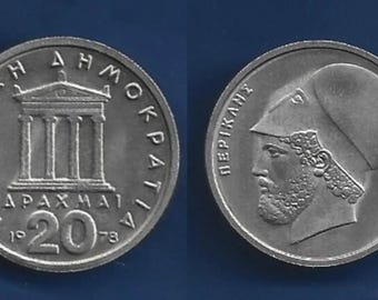 Greece 20 drachma  Greek high grade circulated coins Pericles reverse temple. Supply for coin jewelry.