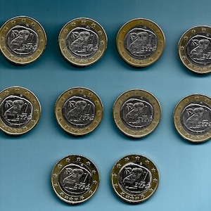 Greece 1 Euro, select dates. Bi-metalic coin with Athenian mythological owl .Jewelry supply. Animal coin. Birthday coin.