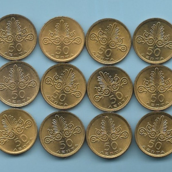 Grèce 1973 50 leptas grecs, 12 pièces UNC. Fourni pour bijoux, boucles d'oreilles, boutons de manchette, pendentifs. Ornement et phénix. Pièces réelles authentiques. #2