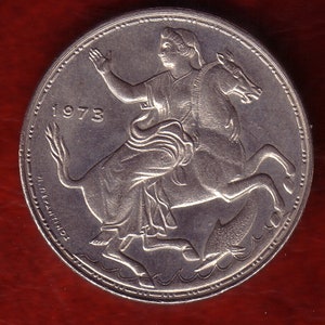 Greece  1973 20 drachma  big size Greek coin.THIN RIM. Moon Goddess Selini  on horseback.Mythology mythological .Suitable for medallion.