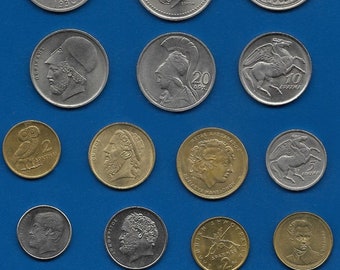 Assortimento di monete in dracma greca: 24 monete mitologiche e animali. Non disponibile per gli acquirenti statunitensi.
