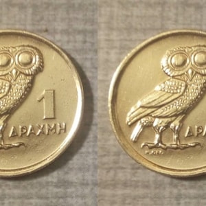 Greece 1973 1 drachma CLEANED circulated Athenian owl Greek coins. Supply jewelry. Mythological figures. Authentic real animal coins