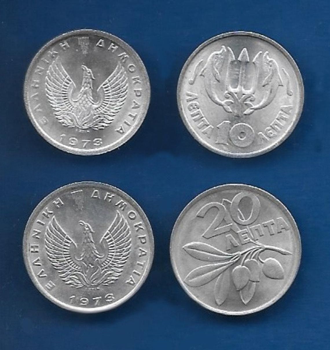 Greece 1973 (B) 10 Lepta & 20 Lepta Greek coins.Dolphins,Phoenix. Animal coin / Olive branch.KM# 103,105.