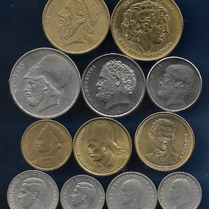 Griechische Münzen: 12 Vintage Münzen mit historischen Figuren (1954-2000)