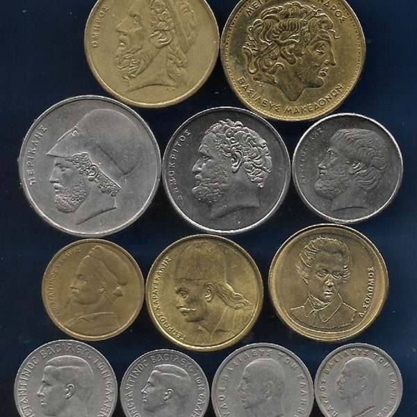 Griekenland 1954 - 2000 lot van 12 verschillende Griekse munten met bekende historische beroemdheden. Echte authentieke munten.