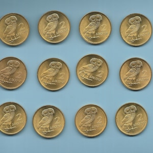 Greece 1973 UNCIRCULATED 2 drachma owl Greek coins .Supply for coin jewelry.Athenian owl.Mythology figures