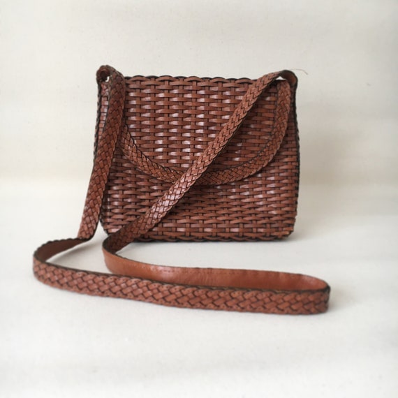 Vintage Woven Leather Purse/ Small Brown Leather Crossbody ...