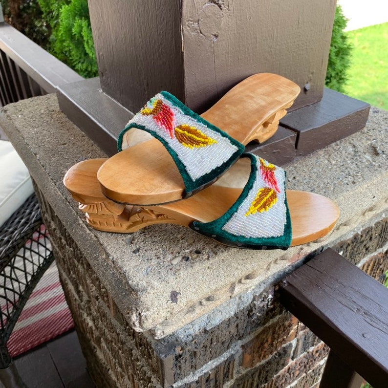 Vintage hand beaded platform clogs /& hand carved wooden sole mules