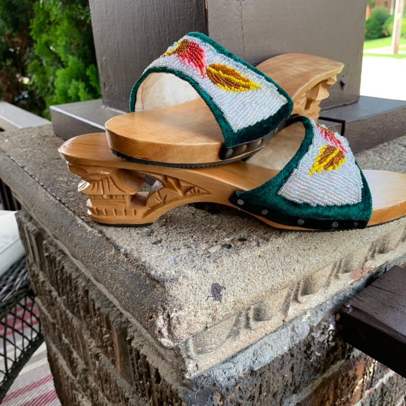 Vintage hand beaded platform clogs /& hand carved wooden sole mules