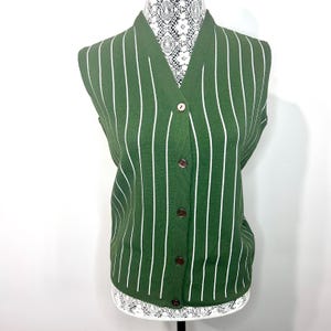 Vintage 1960s knit sage green white striped button front vest
