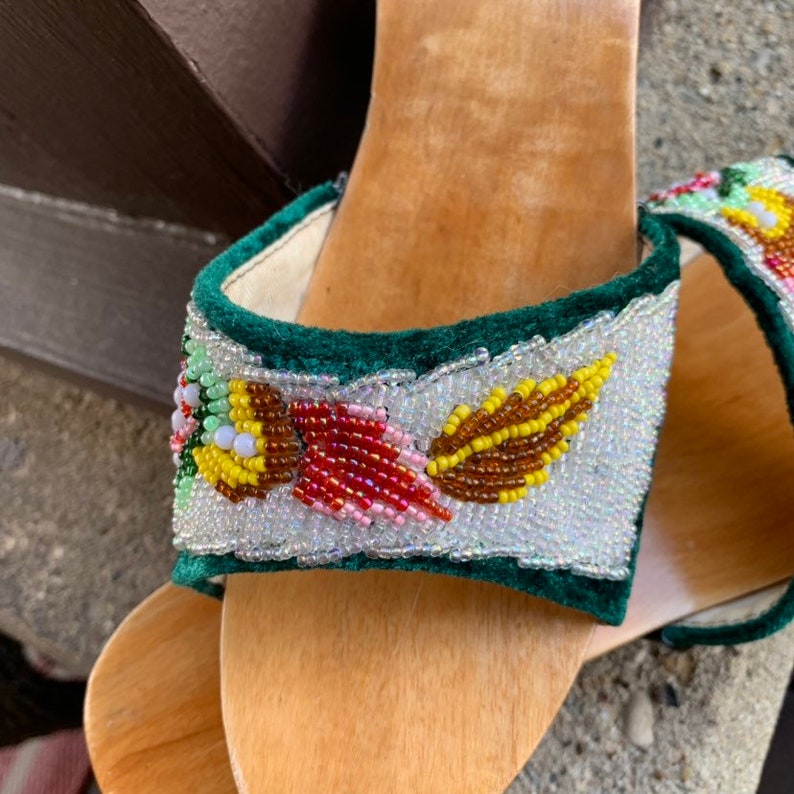 Vintage hand beaded platform clogs /& hand carved wooden sole mules